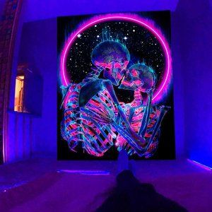 Huge Black Light Skeleton Lovers Kiss Skeletons Wall Tapestry Blacklight Art New